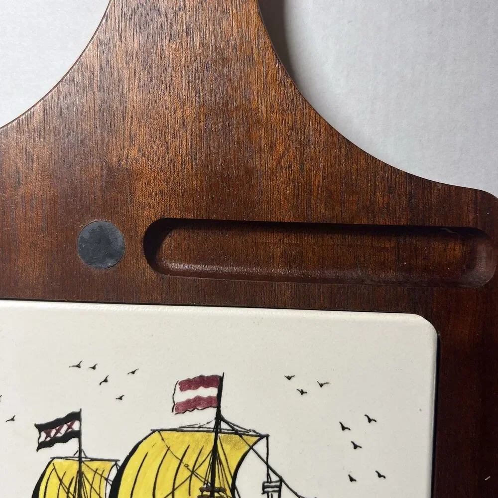 Vintage Wooden Cutting Board Cheese Tray with Hand Painted Ceramic Galleon Ship
